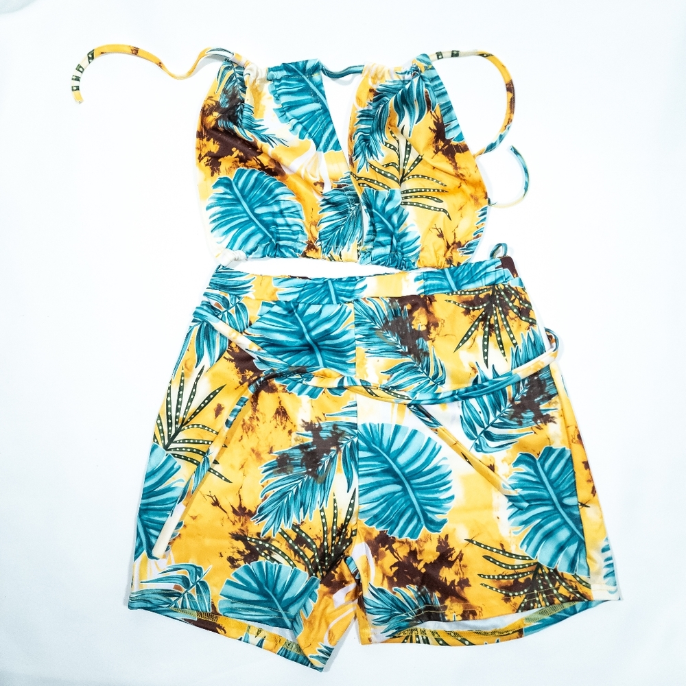 ✅️ Tropical Connected Two Piece Swim Shorts and Bikini Top